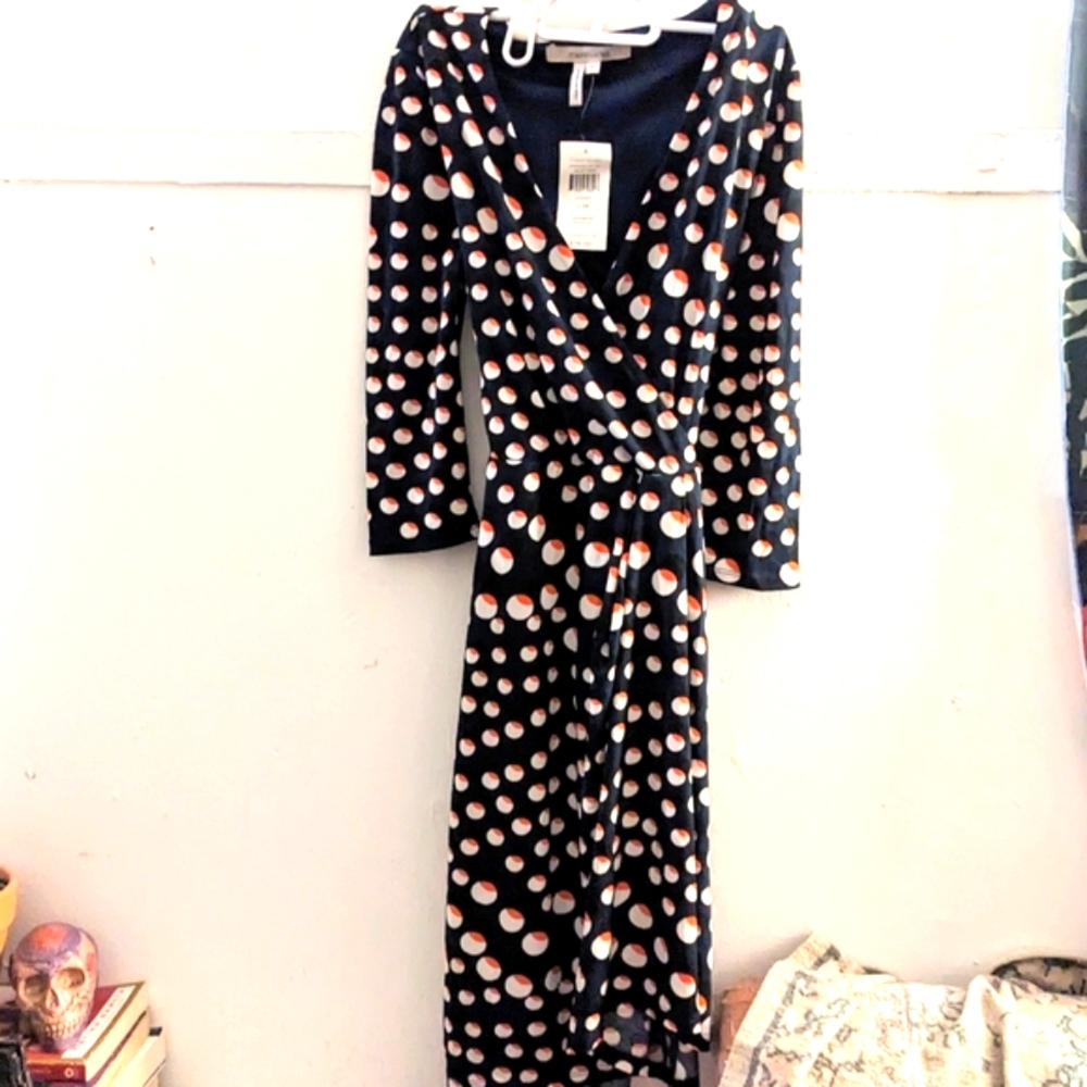 Max & Cleo Navy Bokeh Polka Dot Wrap Dress XS - Retro Mod Swing